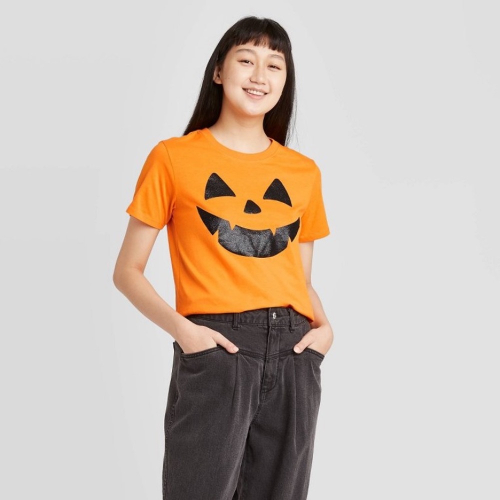 Zoe + Liv Orange Pumpkin Spooky Halloween Tee Juniors XS NEW